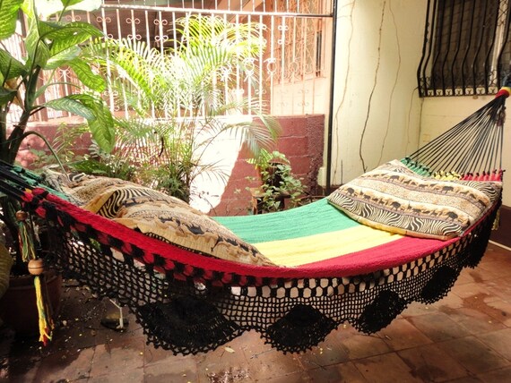 Rastafari Colors One, Single Hammock hand-woven Natural Cotton Simple Fringe