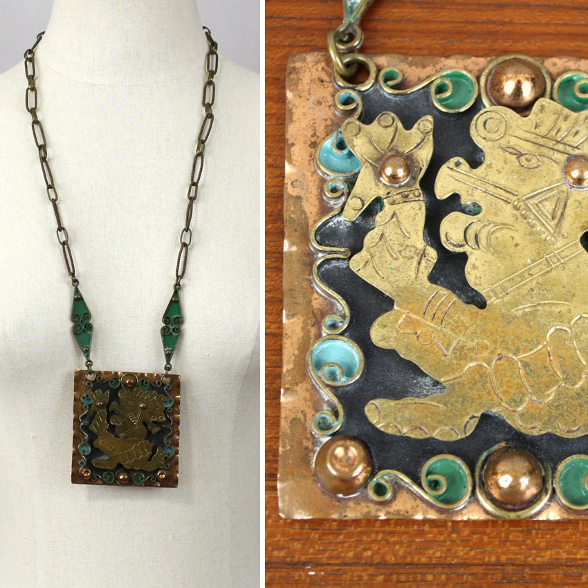 Vintage Statement Necklace 1950s Copper Mayan Mexico Tribal Jewelry