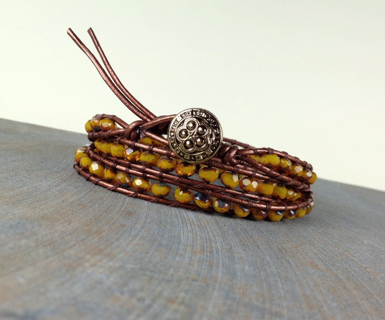 Leather wrap autumn fall Chan Luu inspired bracelet mustard yellow opal triple wrap