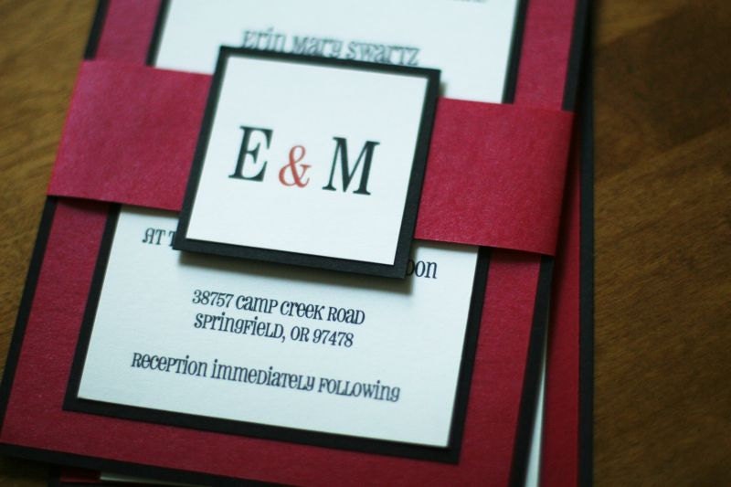 Stylish Black & Metallic Red Pocketfold Wedding Invitations