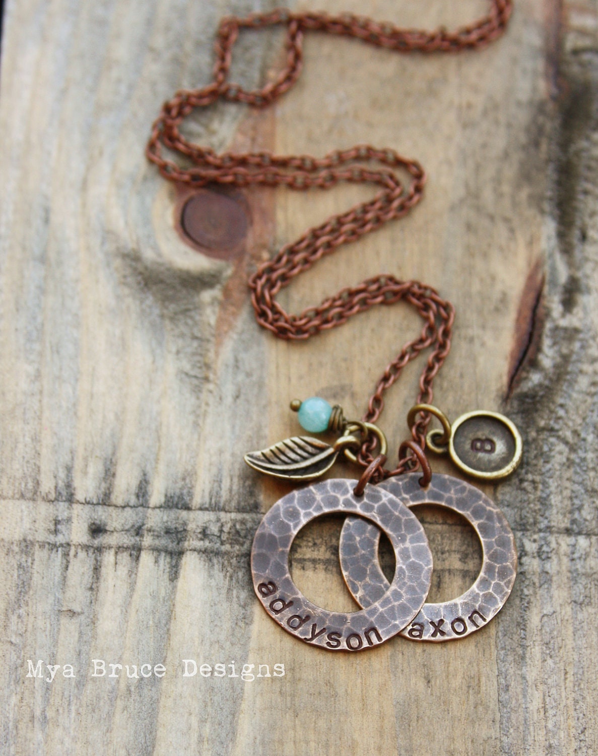 Personalized mixed metal necklace with hammered antiqued copper colored circles, amazonite drop, personalized initial tag and leaf