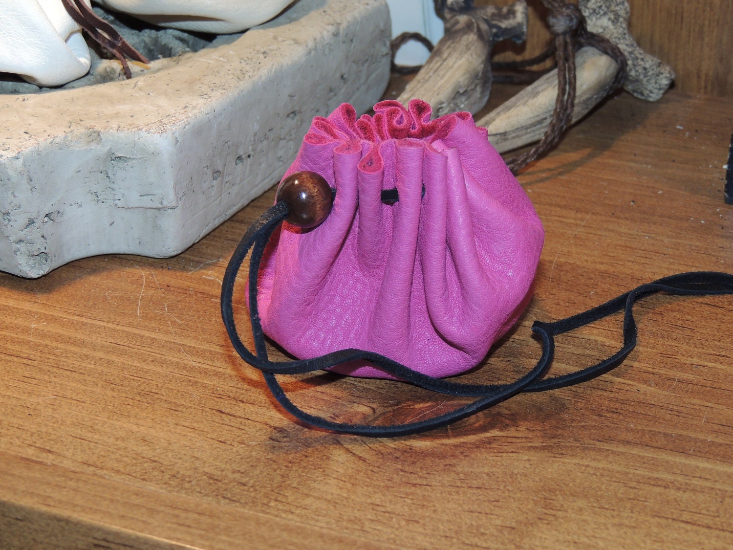 Drawstring Coin Purse(Pink Leather)