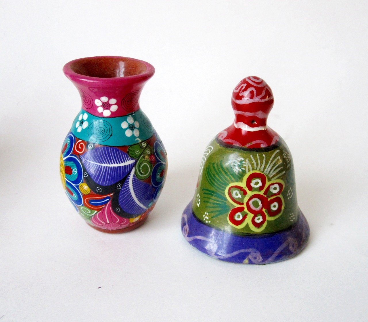Mexican Folk Art Bell and Vase Hand Painted - Vintage