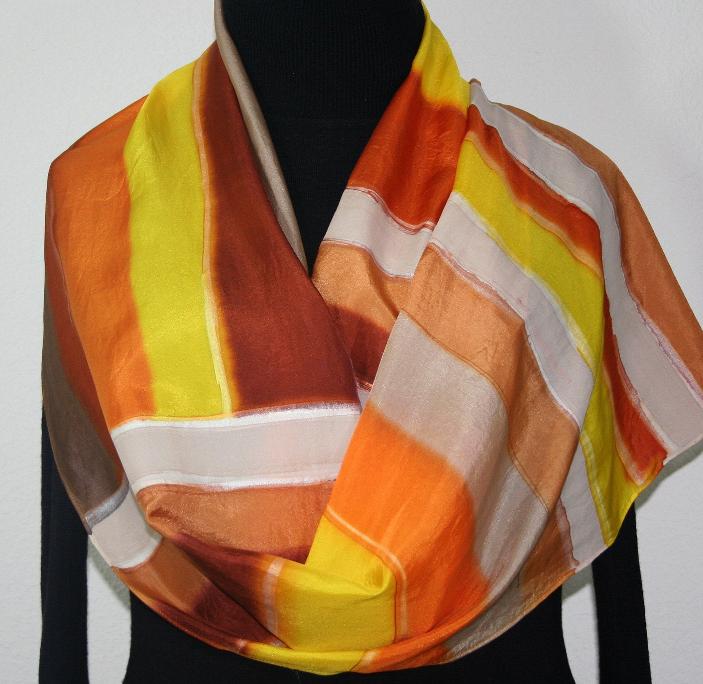 Hand Painted Silk Scarf Autumn Forest. Silk Scarf in Tan, Orange, Yellow, Terracotta. Size LARGE 14x70. 100% silk. MADE to ORDER