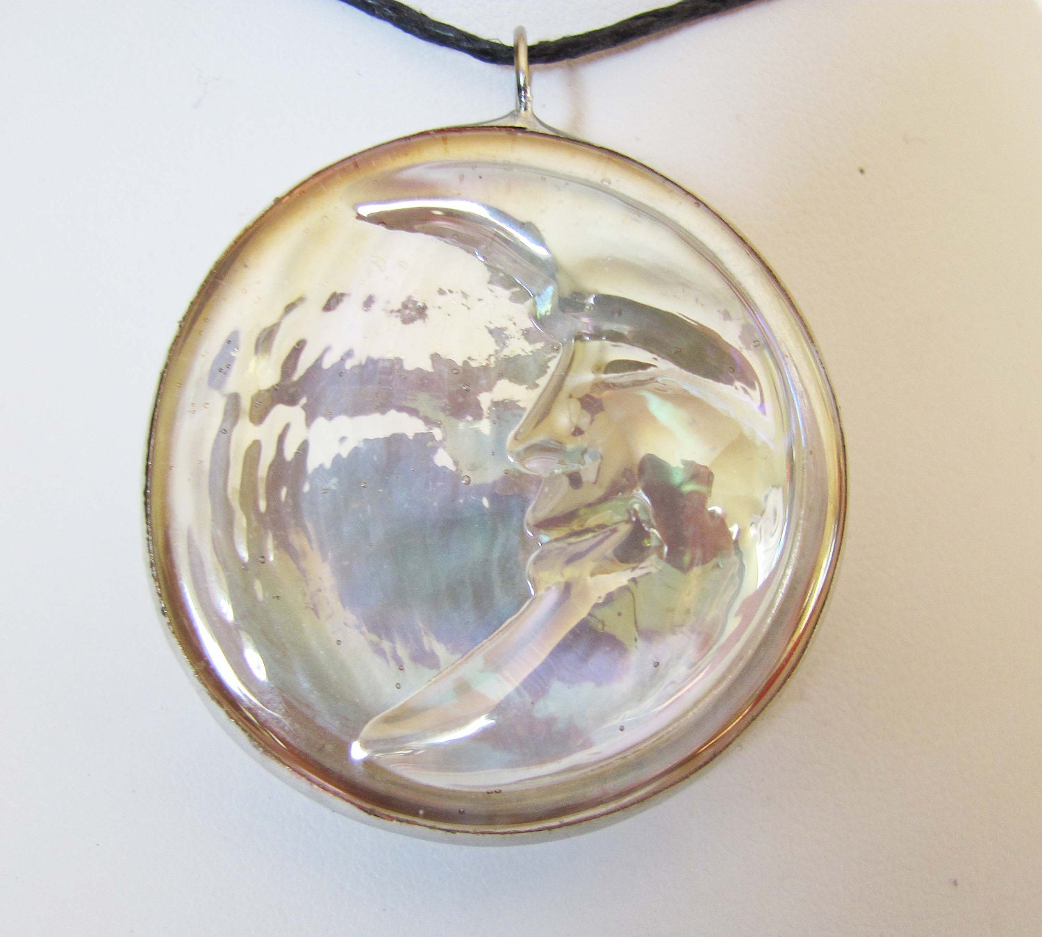 On Sale: Crystal Clear iridescent Half Moon Glass Pendant, Stained Glass Jewelry, Glass Necklace, Glass Pendant