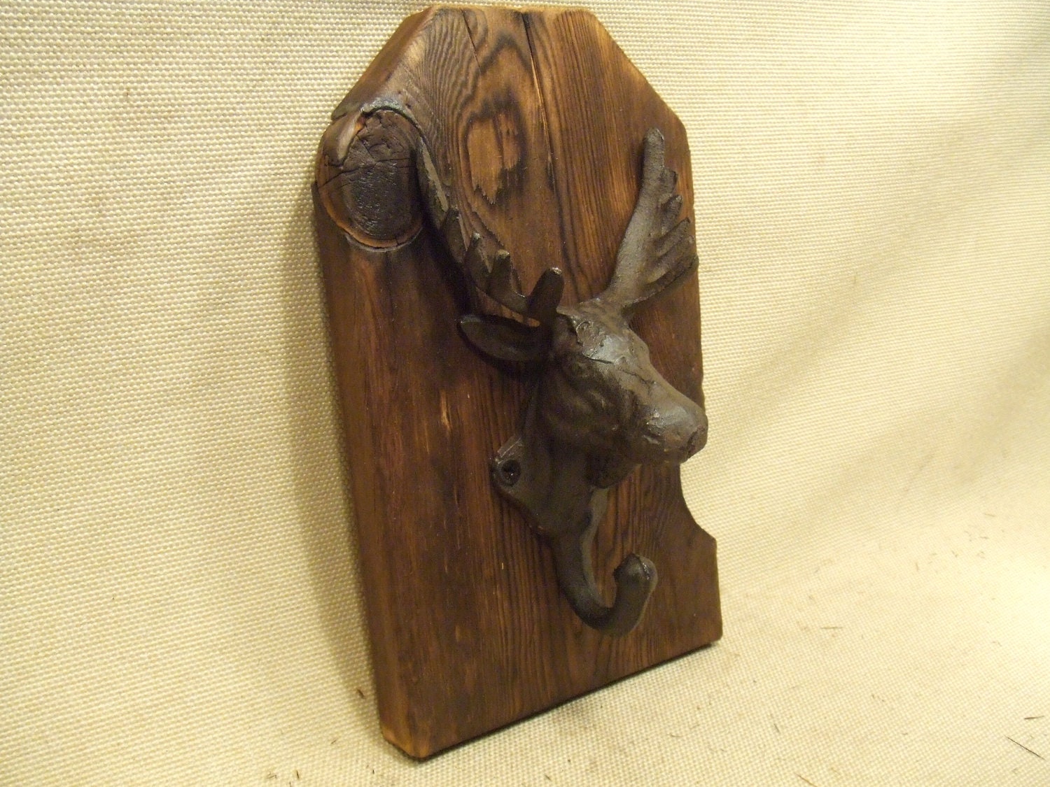 Rustic Cast Iron Moose coat rack  -- lodge cabin decor -- rich patina on cast iron hooks and western cedar