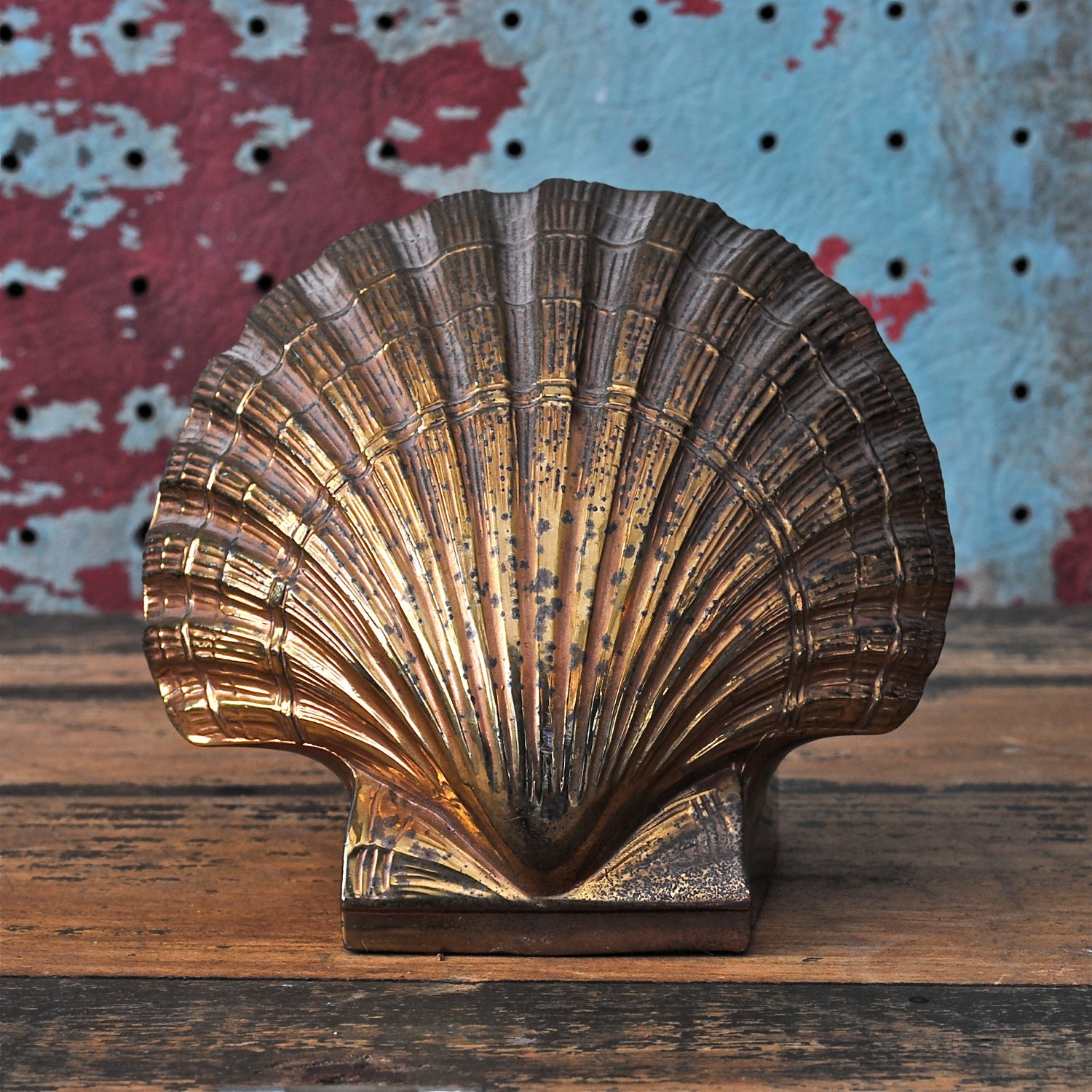 c. 1970s Vintage Brass Shell Bookend Doorstop Beach Decor