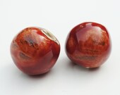 Handmade Ceramic Beads White Stoneware Pottery Romance Red Cinnamon Glaze Rustic Modern 18mm Large Round Focal Pair Set Duo Dos Two 2