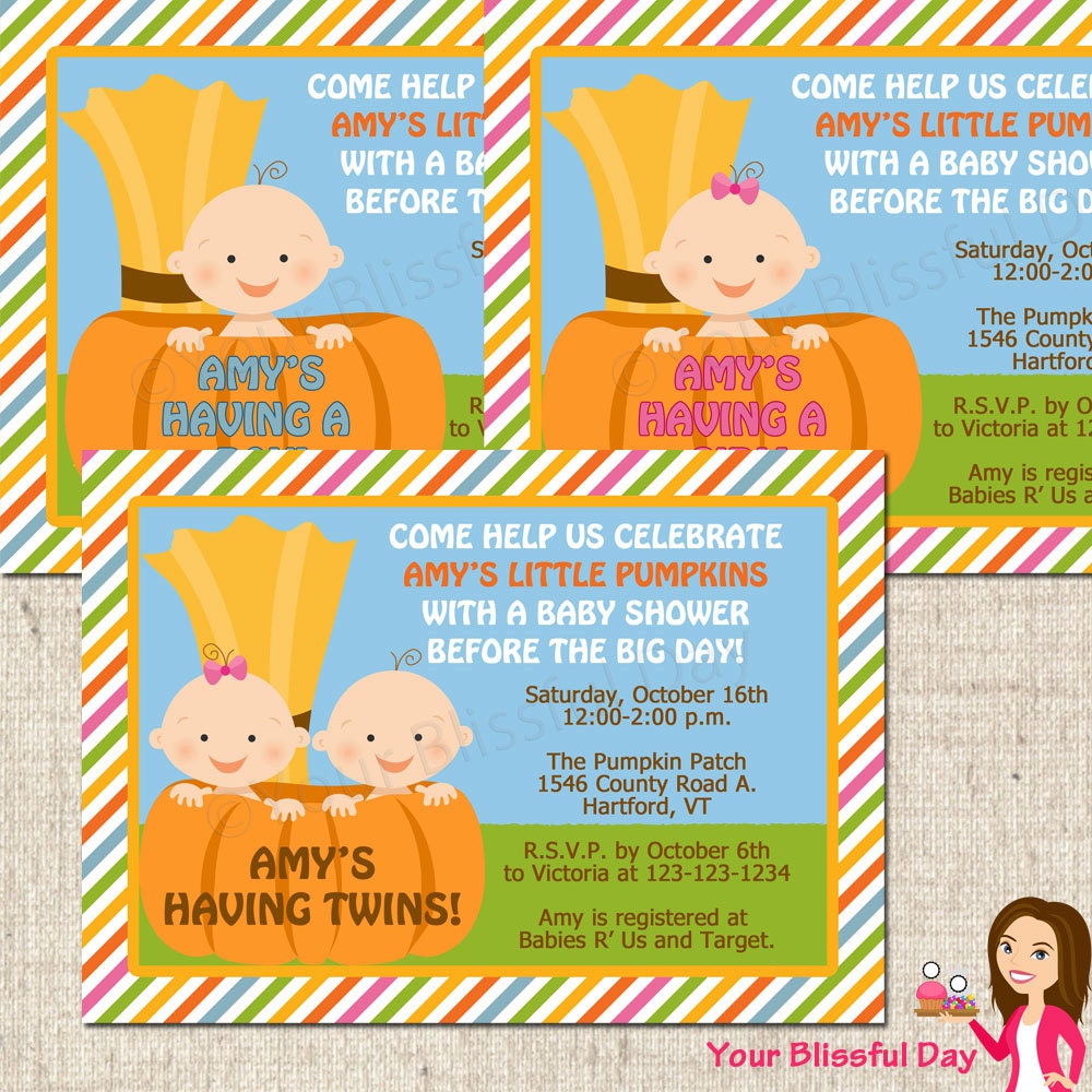 PRINTABLE Little Pumpkin Baby Shower Party Invitation (Boy, Girl, or Twin) Il_570xn
