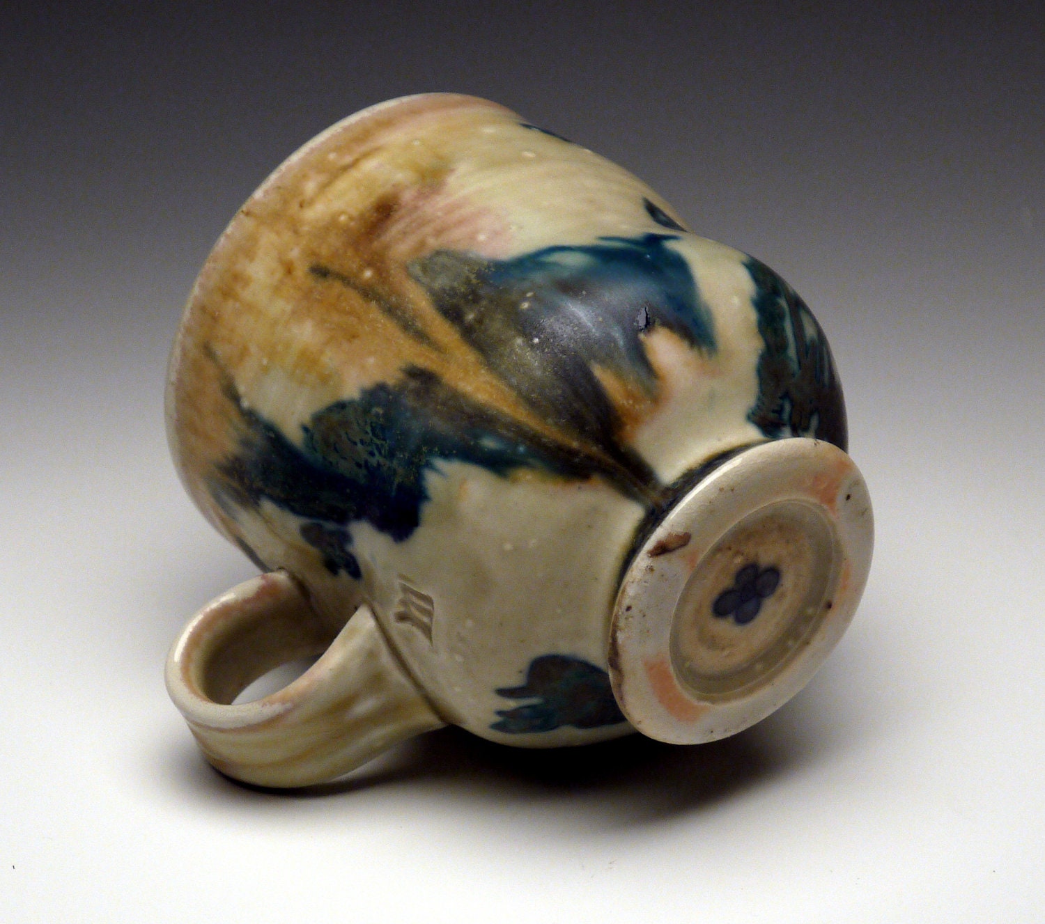 Coffee / Tea Cup, celadon with blue koi decals, woodfired, with handle