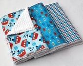 Chenille Burp Cloth Set - Baby Boy Burp Cloths, Set of Three - Blue and Orange - Tugboats & Anchors, Fish, and Plaid