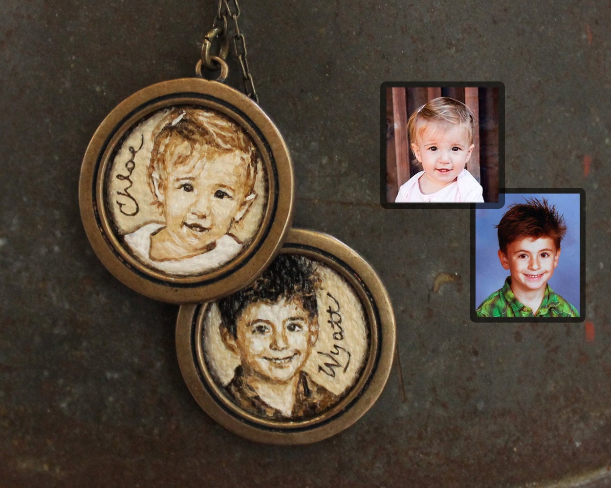 Double Portrait Small Circles - your child, grandchild, loved one - Original Oil Hand Painted Pendant Necklace