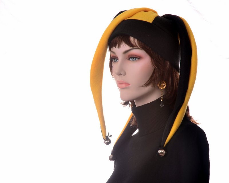 Jester Hat Black Gold Three Pointed Bells Harlequin Court Jester Hat Mens Hat Womens Hat
