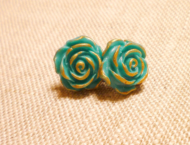 Turquoise and Gold Stud Earrings - Sea Green Roses
