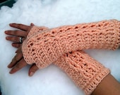extra soft peach fingerless gloves with cable decoration