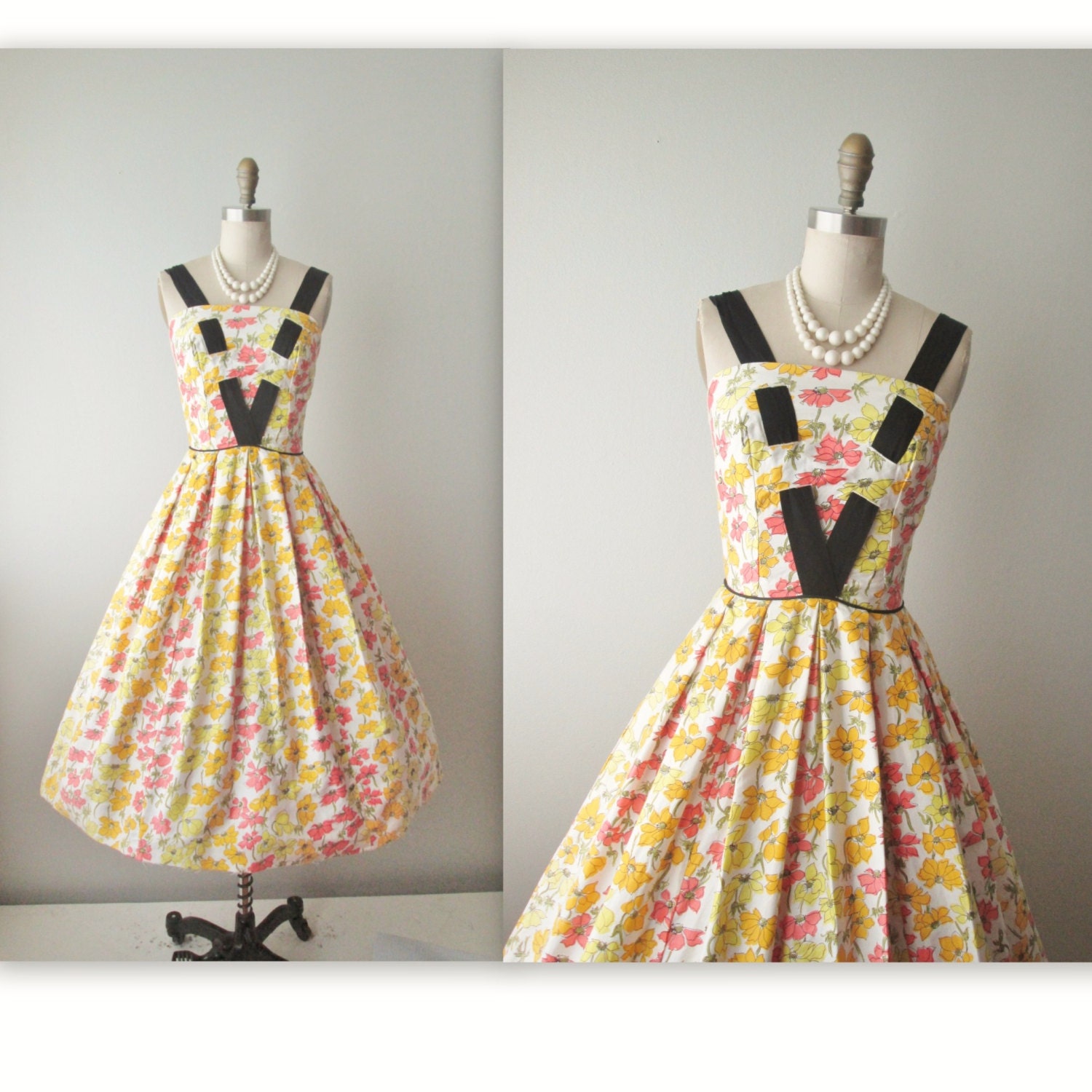 50's Floral Dress // Vintage 1950's Green Floral Print Garden Cocktail Party Mad Men Dress XS