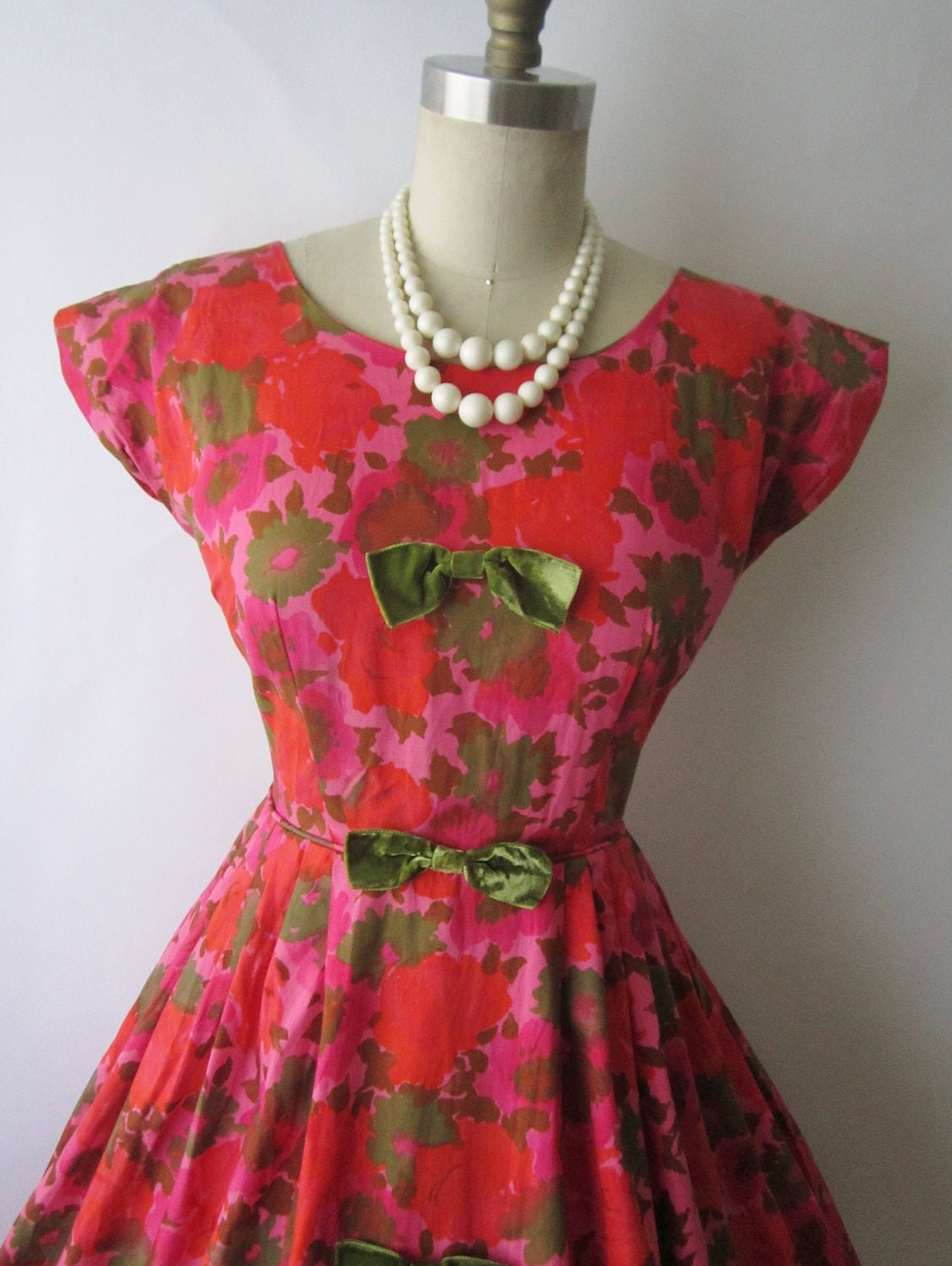 50's Floral Dress // Vintage 1950's Red  Floral Print Cotton Garden Party Summer Dress XS