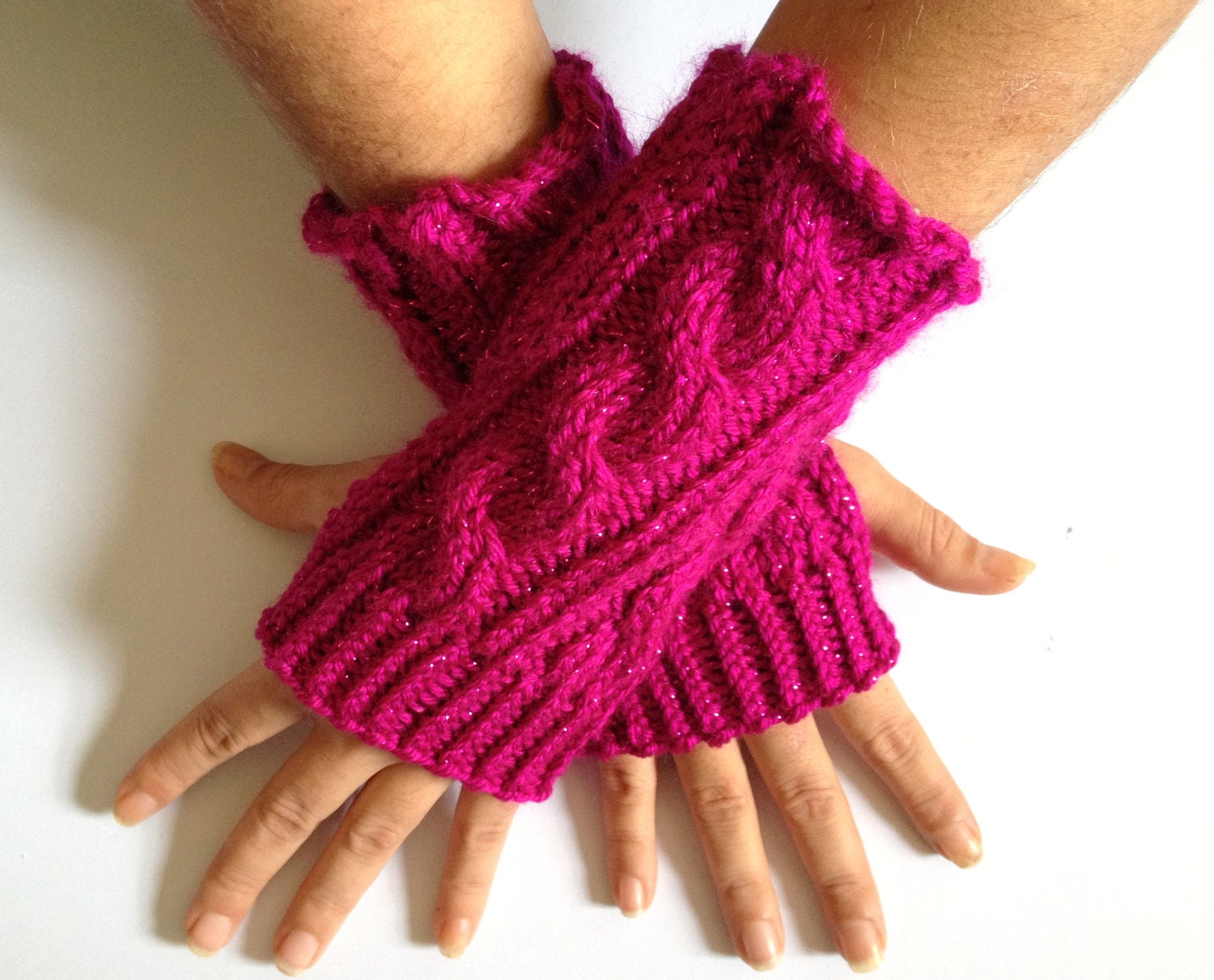 Fingerless Gloves Wrist Warmers in Fuschia Sparkle Handknit