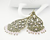 Romantic pink color Swarovski rhinestone filigree earrings