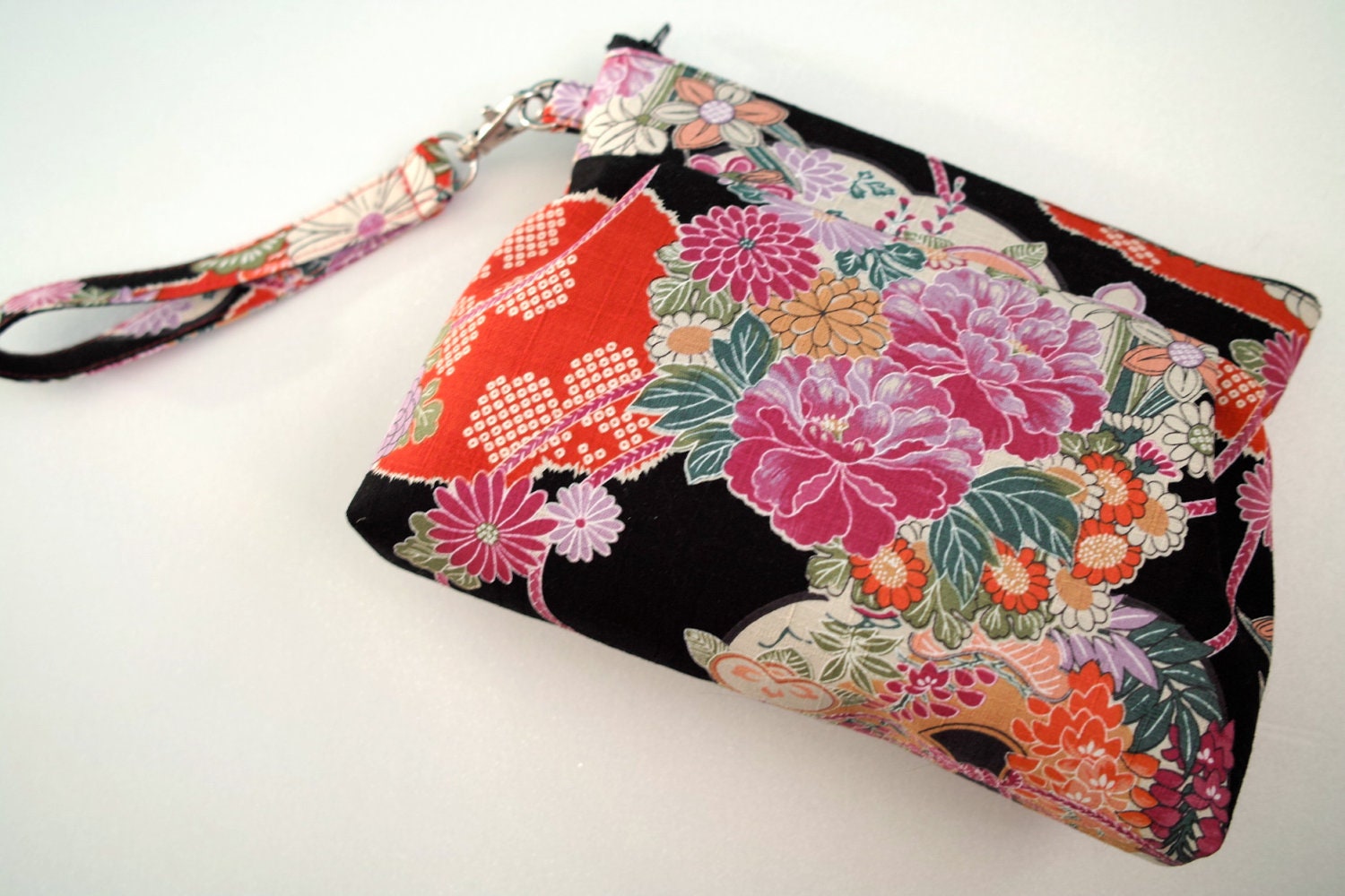 Japanese Kimono Wristlet - dobby weave fabric pouch - kimono fantasy in black