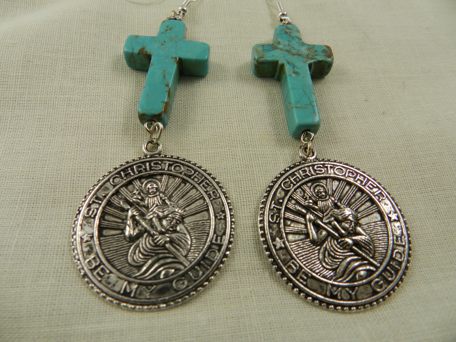 Dangling Earrings Turquoise Cross Religious Medal St Christopher