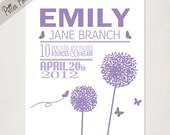 Personalized Girl's Birth Announcement // Dandelion Flower Print // Baby's name // Kid's Nursery Wall Art // Typography Poster // 8x10