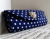 Polka dot and pearl clutch bag Navy blue and white, Wedding clutch