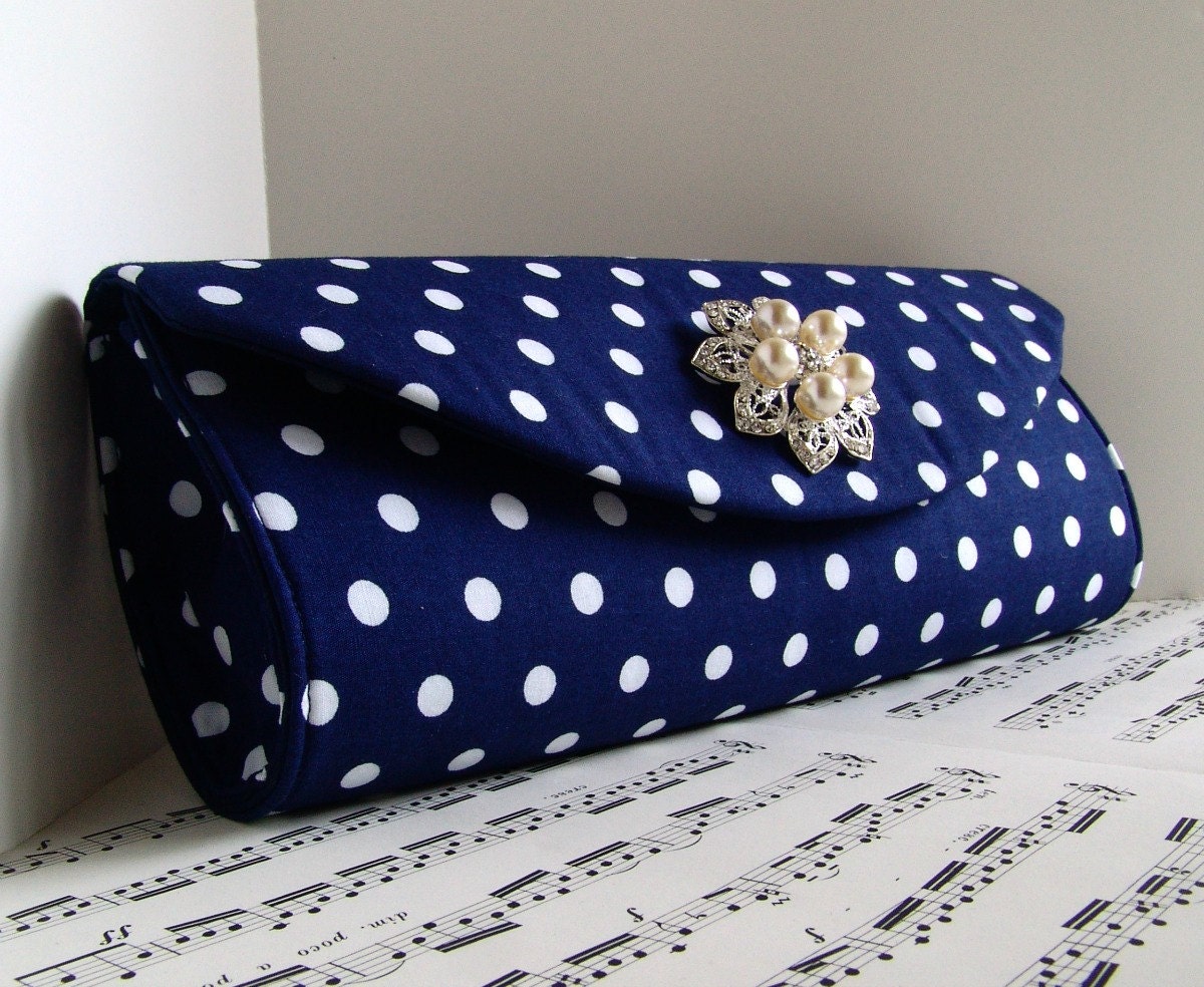 Polka dot and pearl clutch bag Navy blue and white, Wedding clutch