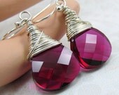 Ruby Red Earrings Briolette Wire Wrapped Silver Swarovski