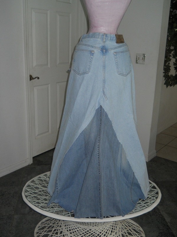 Belle Bohémienne bohemian ballroom jean skirt  Renaissance Denim Couture fairy goddess mermaid altered couture with HUGE rose pin