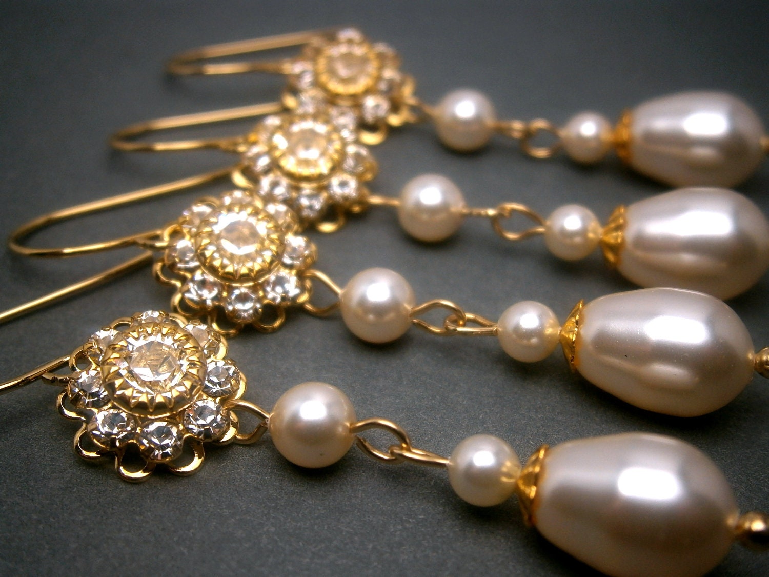 Gold Pearl Earrings Bridal Jewelry Bridesmaids Gifts Swarovski Crystal Gold Filigree Flower And Cream Swarovski Teardrop Pearls