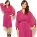 70s Midi Dress Sheer Bold Fuchsia Balloon Sleeves Drape Day Dress / Boho Disco Glam / Size M Medium