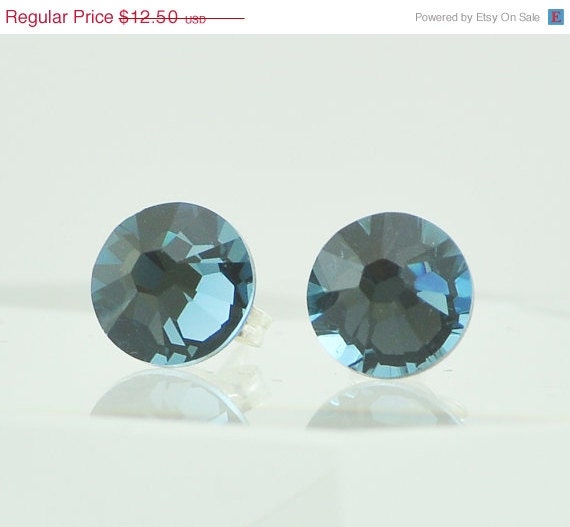 SALE 15% OFF Handmade Swarovski Crystal Post Earrings, Faceted, Sterling Silver, Denim Blue, Dark Blue, Navy Blue