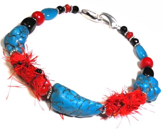 Chunky Southwestern Necklace with Turquoise and Red Handmade Fabric Beads - by Texas Artist/Designer - Kelly E Marra - OOAK Womens Jewelry
