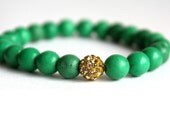 Emerald Green Stone Stacking Bracelet with Gold Pavé Crystal Bead - Green Stretch Bracelet - Bohemian Jewelry