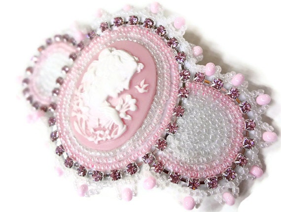 Victorian Pink Barrette - a Beaded Hair Accessory - Beadwork Surrounding a Lady Cameo Portrait with Soft and White Beads - MegansBeadedDesigns