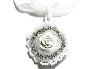 Beautiful Rose White Pendant Necklace on white Lace Cord Beaded with a Polymer Clay Center Surrounded by Sparkling Rhinestones