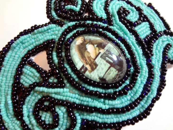 Whimsical Black and Turquoise Barrette - Beaded Hair Clip