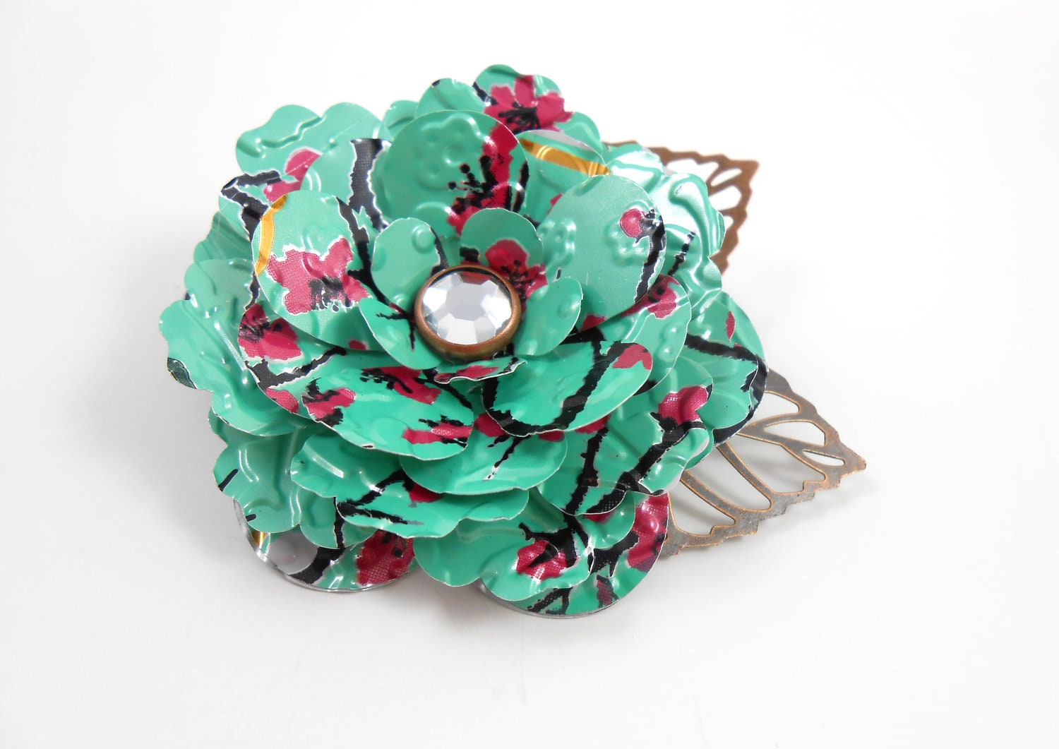 Tea Rose and Copper Leaves Button Brooch/Pin. Recycled Soda Can Art. Arizona Tea