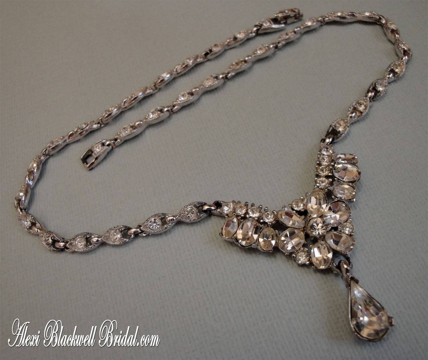 Vintage Rhinestone Necklace Art Deco styel signed Bogoff quality 1940s to 1950s wedding bridal jewelry
