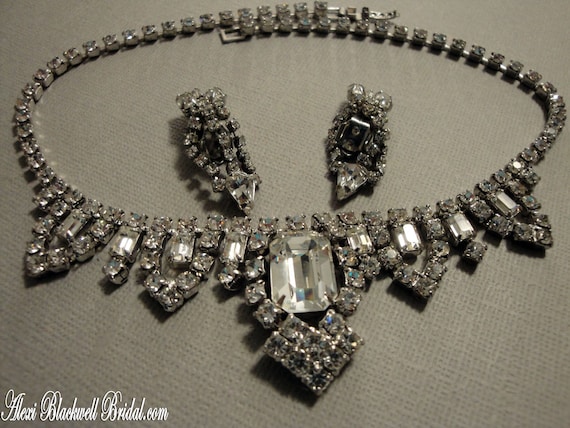 Vintage Princess Grace Bridal Necklace Set Rhinestone glamour with Earrings signed Weiss Gorgeous Bridal wedding jewelry