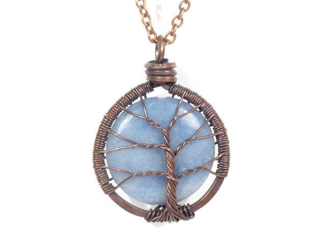 Pale Blue Angelite Stone Tree of Life Necklace in Antique Copper.
