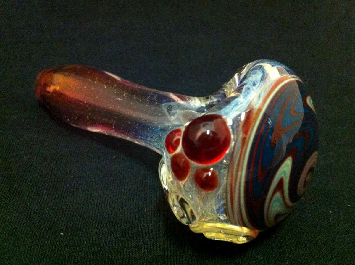 Glass Pipe Inside Out Silver and Gold Fumed Color Changing Cosmic Tobacco Spoon Pipe with Red and Blue Switchback Cap