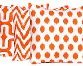 Decorative Throw Pillow Covers THREE 20 x 20 Bright Orange Pillows on White Modern Prints Chevron Ikat Dots