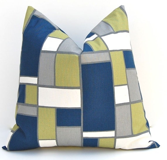 Throw Pillows 16 x 16 Navy Blue on Natural  Accent Pillows Cushion Covers Hopscotch