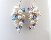 Earrings White Pearl Clusters Lilac Crystal Dangle