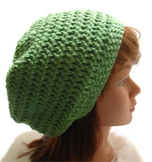 Crochet Cotton Slouchy Tam Over Sized Beanie in Leafy Green Small