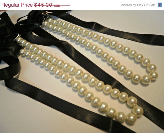 SALE Bridesmaids Pearl Necklace Gifts Set of Two Pearl Ribbon Necklaces With Ivory Pearls And Black Satin Ribbon Bridesmaid Gifts