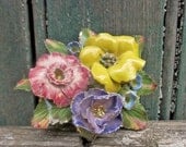 1950s Brooch - White, Yellow & Pink Enamel Flowers