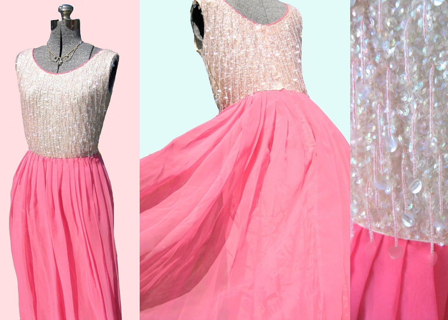 Shocking Pink Pearl Vintage 60s Sequin Goddess Dress - Bright Hot Pink Chiffon Shimmery White Mad Men Party Prom Dress Glam Summer Fashion